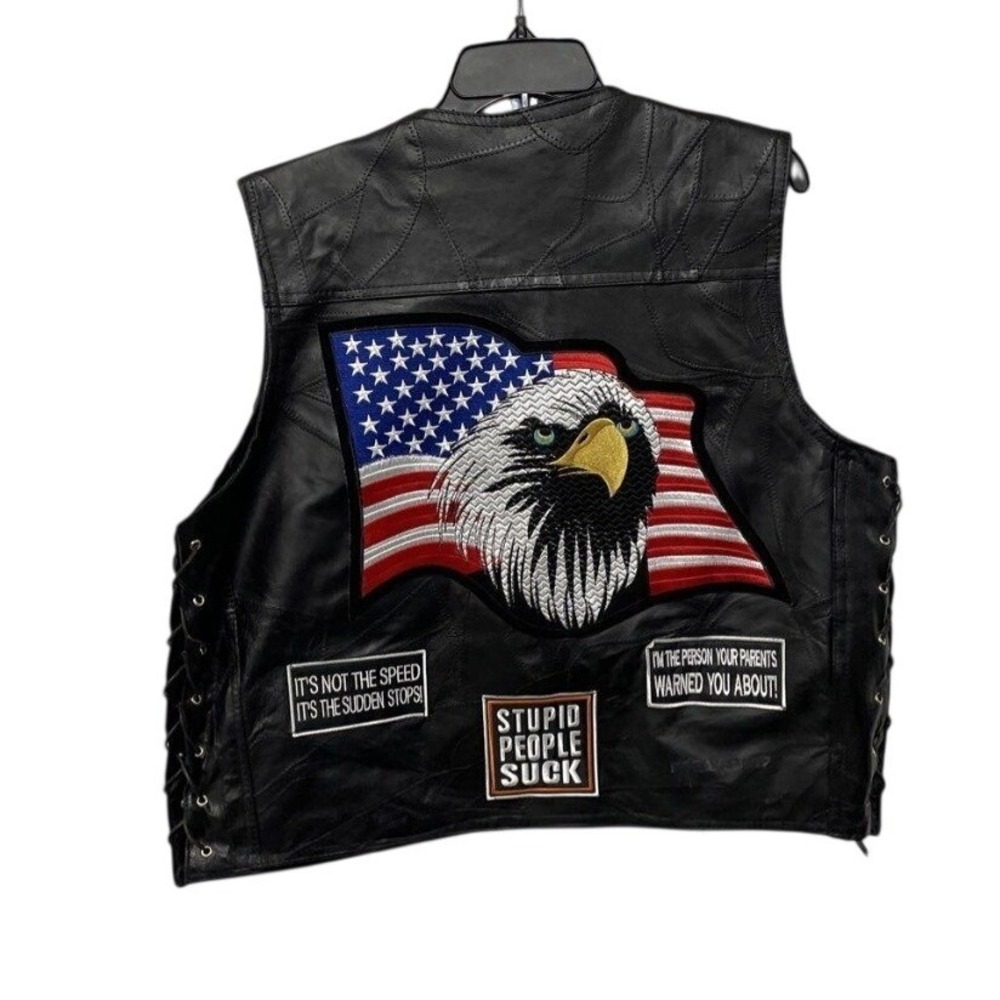 Diamond Plate Black Genuine Buffalo Leather Biker Vest Eagle Flag Patches 2X